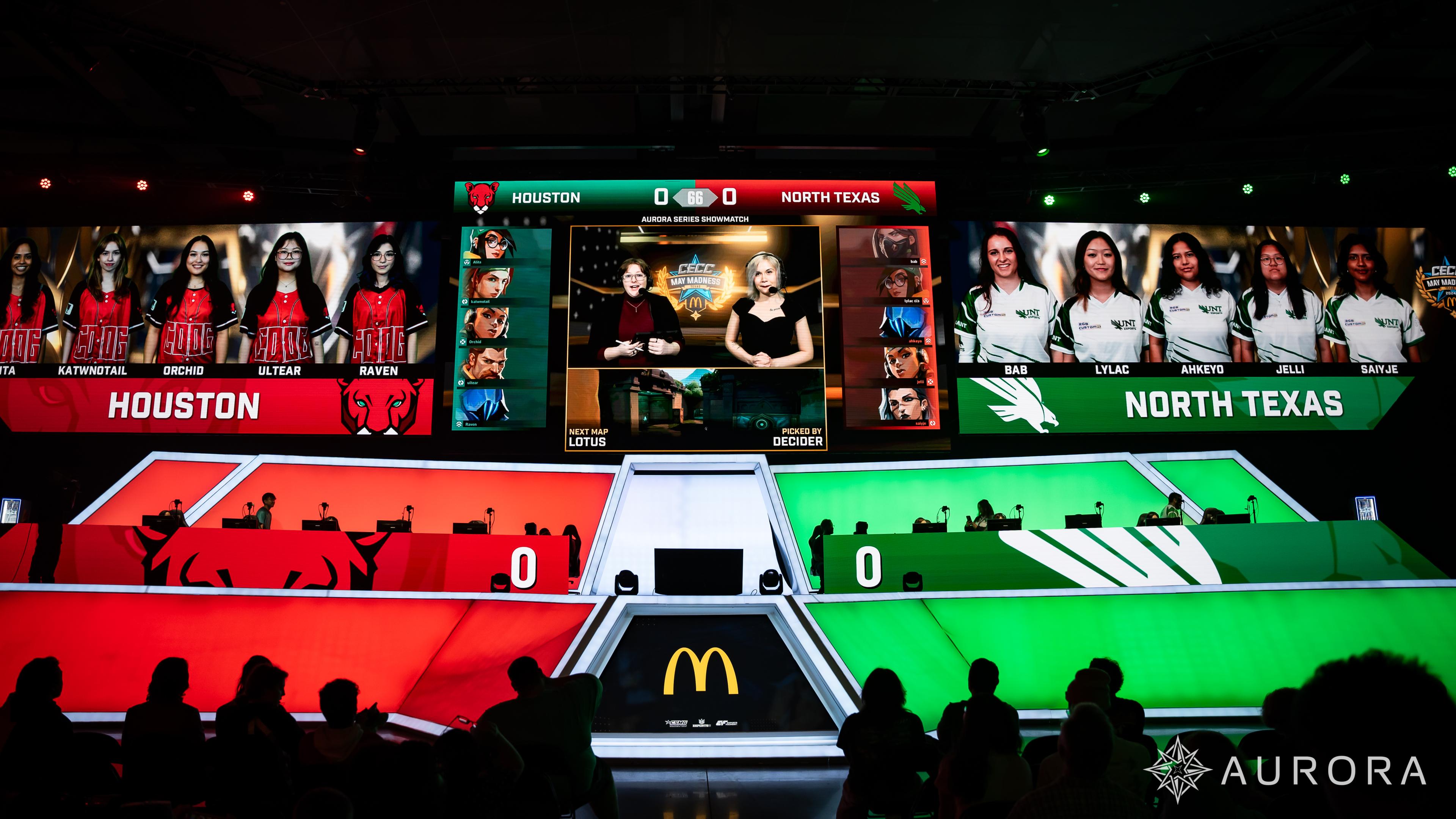 Teams from UNT Texas and Houston Esports compete on the main stage at the CECC May Madness event.